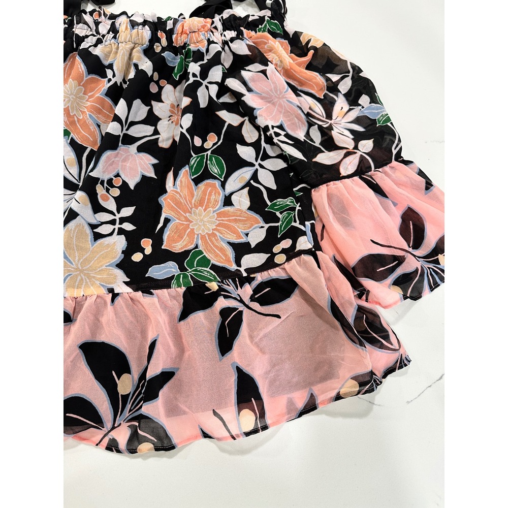 Loft Floral Off The Shoulder Tie Strap Blouse Pink Black Chiffon Ruffle Top M - Picture 2 of 6
